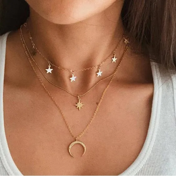 Fashion Gold Moon Star Coin Necklace