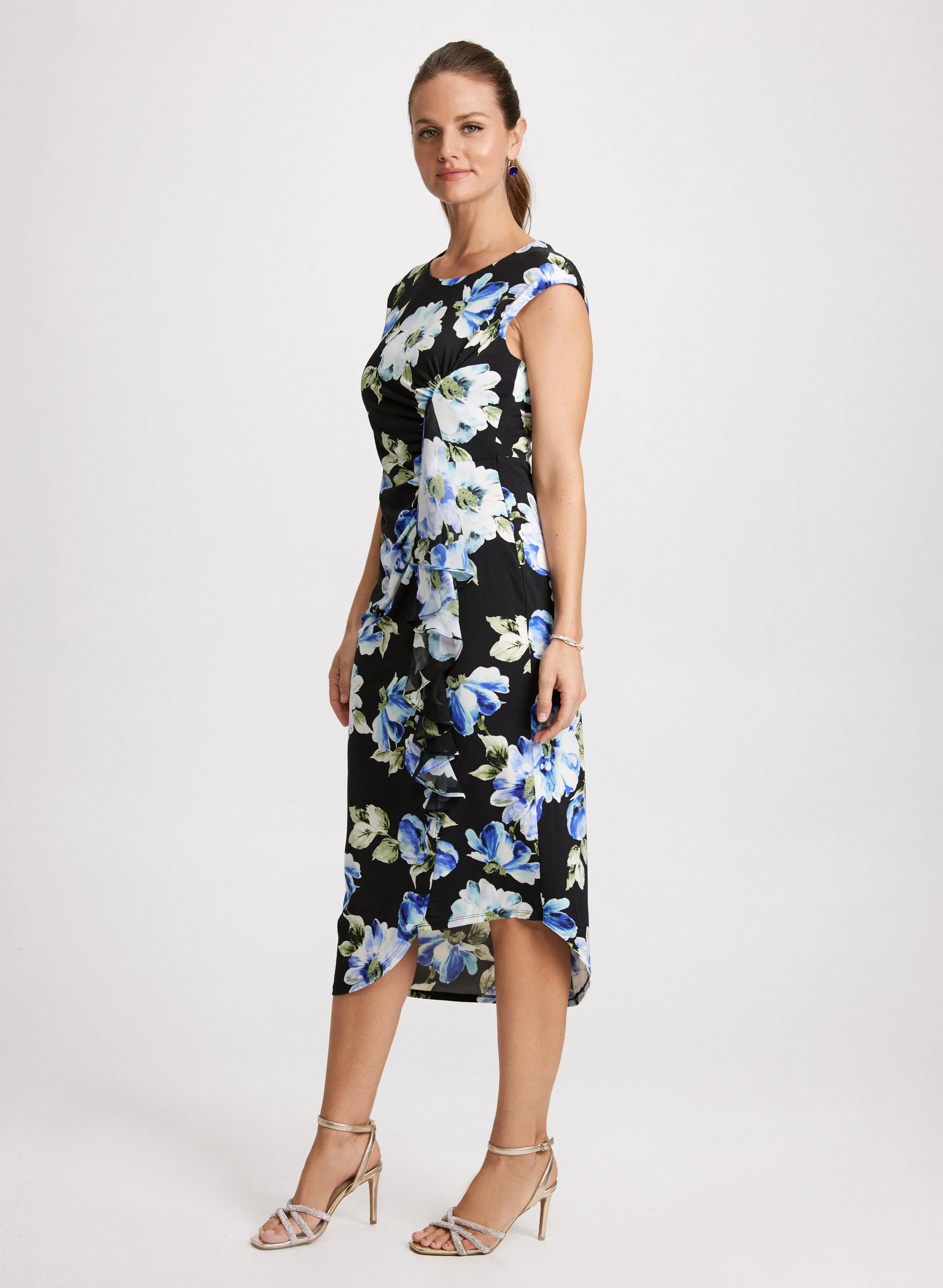 Flounced Asymmetric Floral Dress