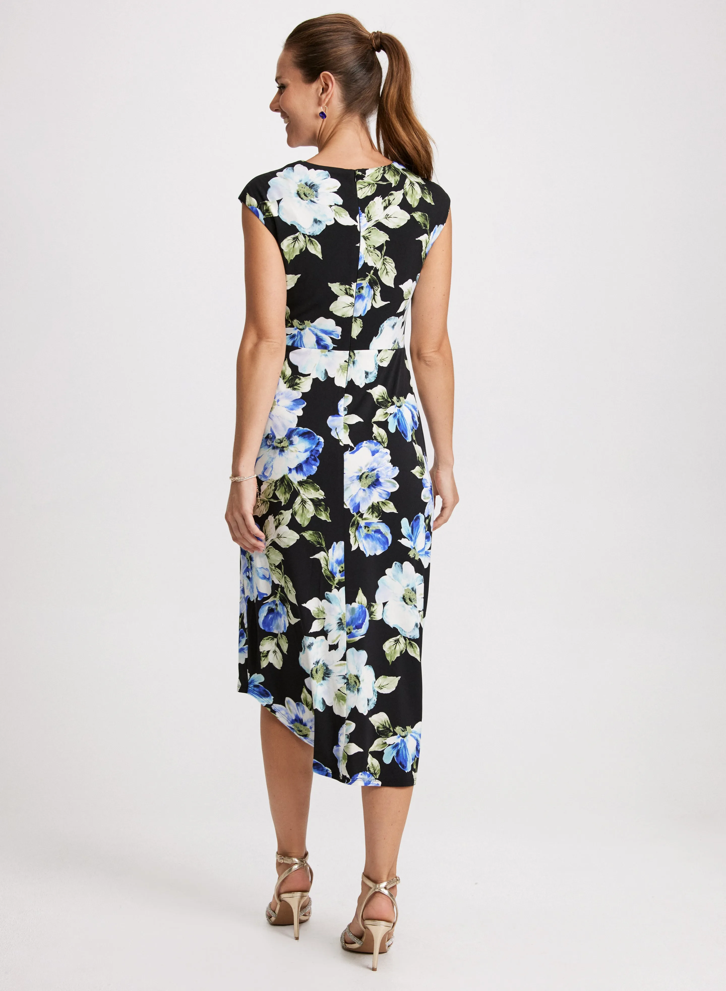 Flounced Asymmetric Floral Dress