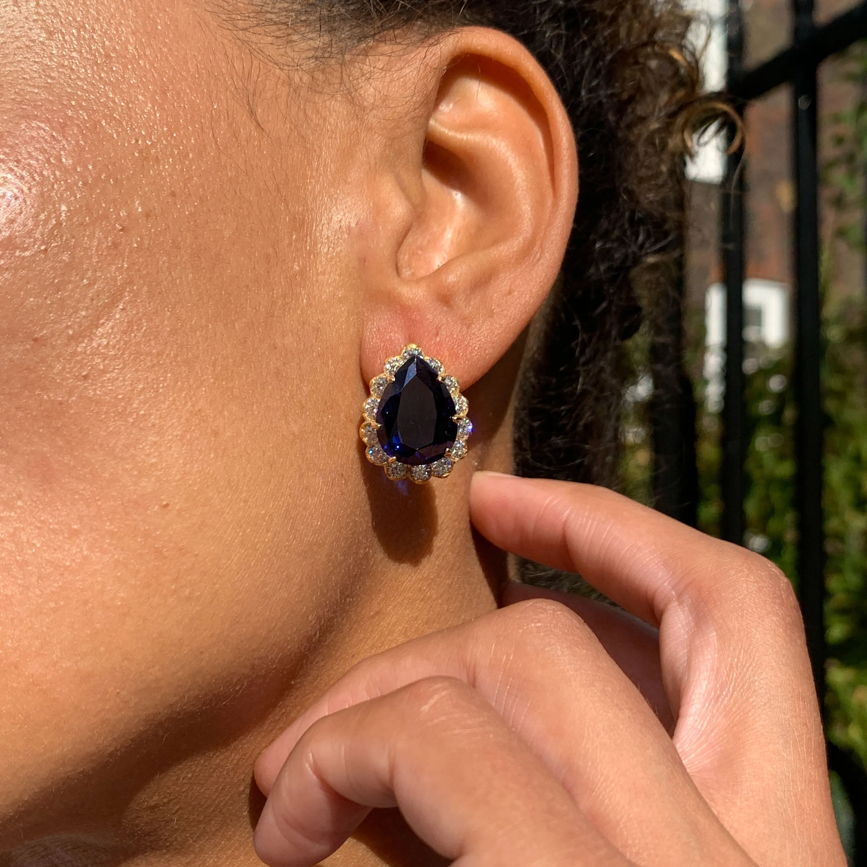 Gold Sapphire Earrings - Princess Diana Earrings - Blue Teardrop Earrings