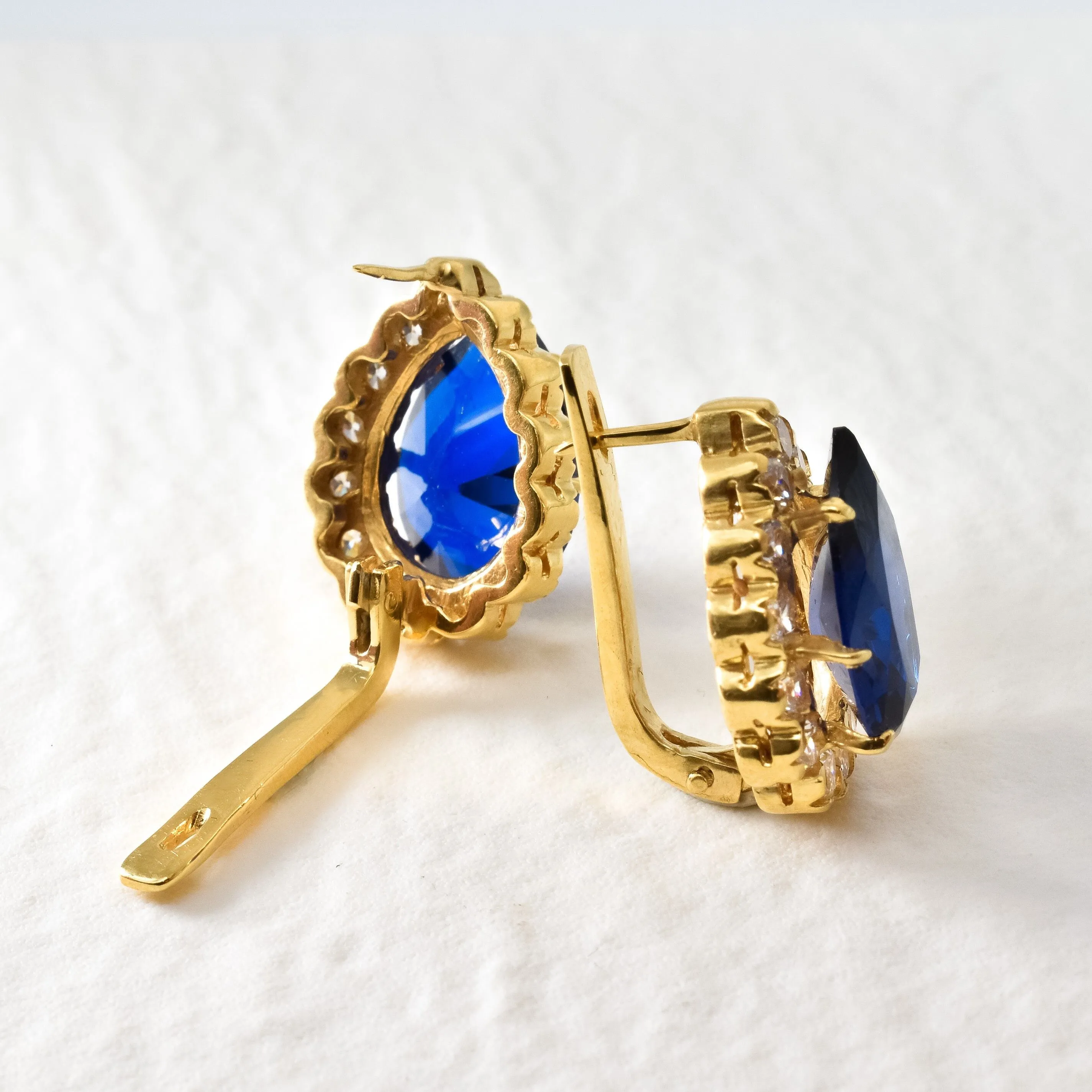 Gold Sapphire Earrings - Princess Diana Earrings - Blue Teardrop Earrings