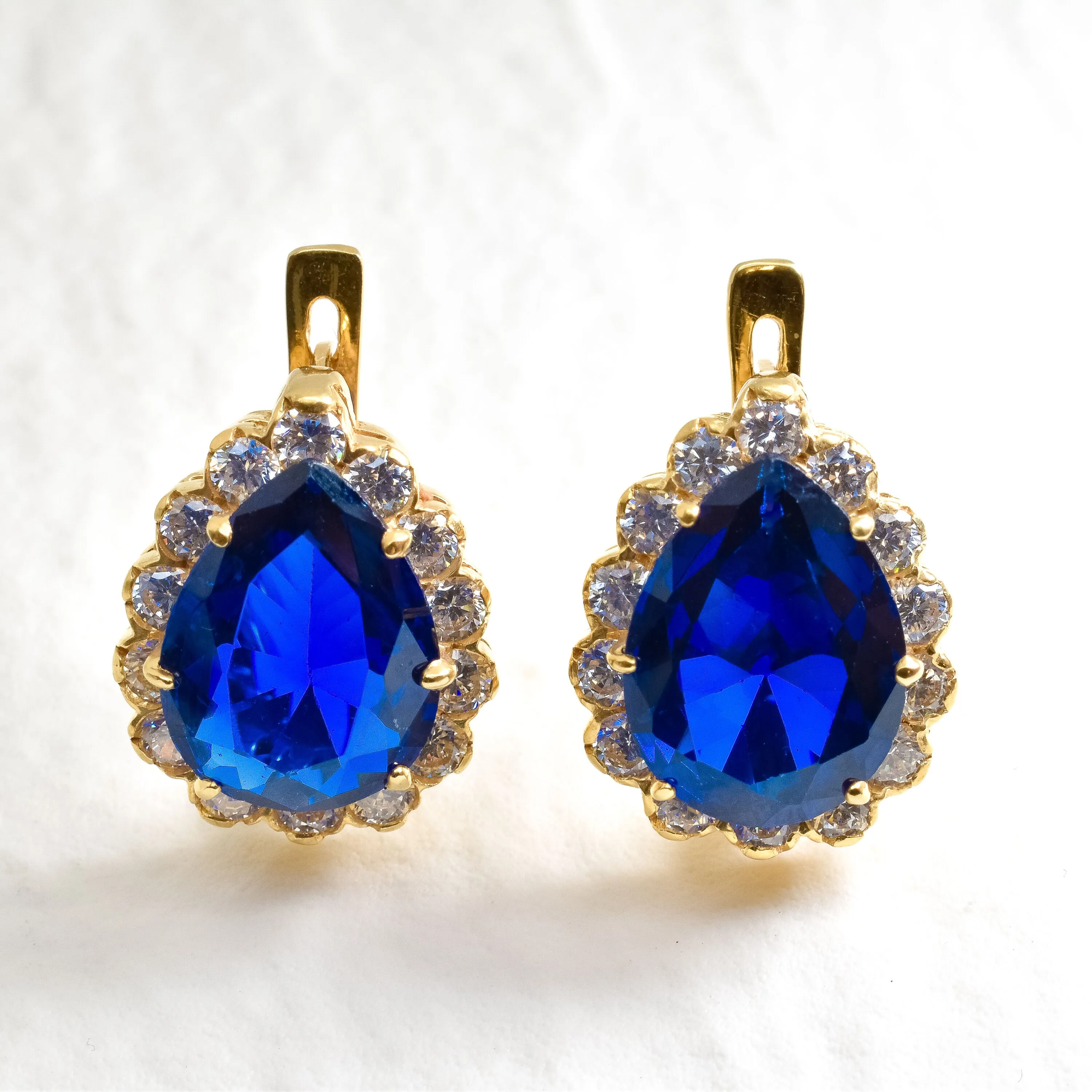 Gold Sapphire Earrings - Princess Diana Earrings - Blue Teardrop Earrings