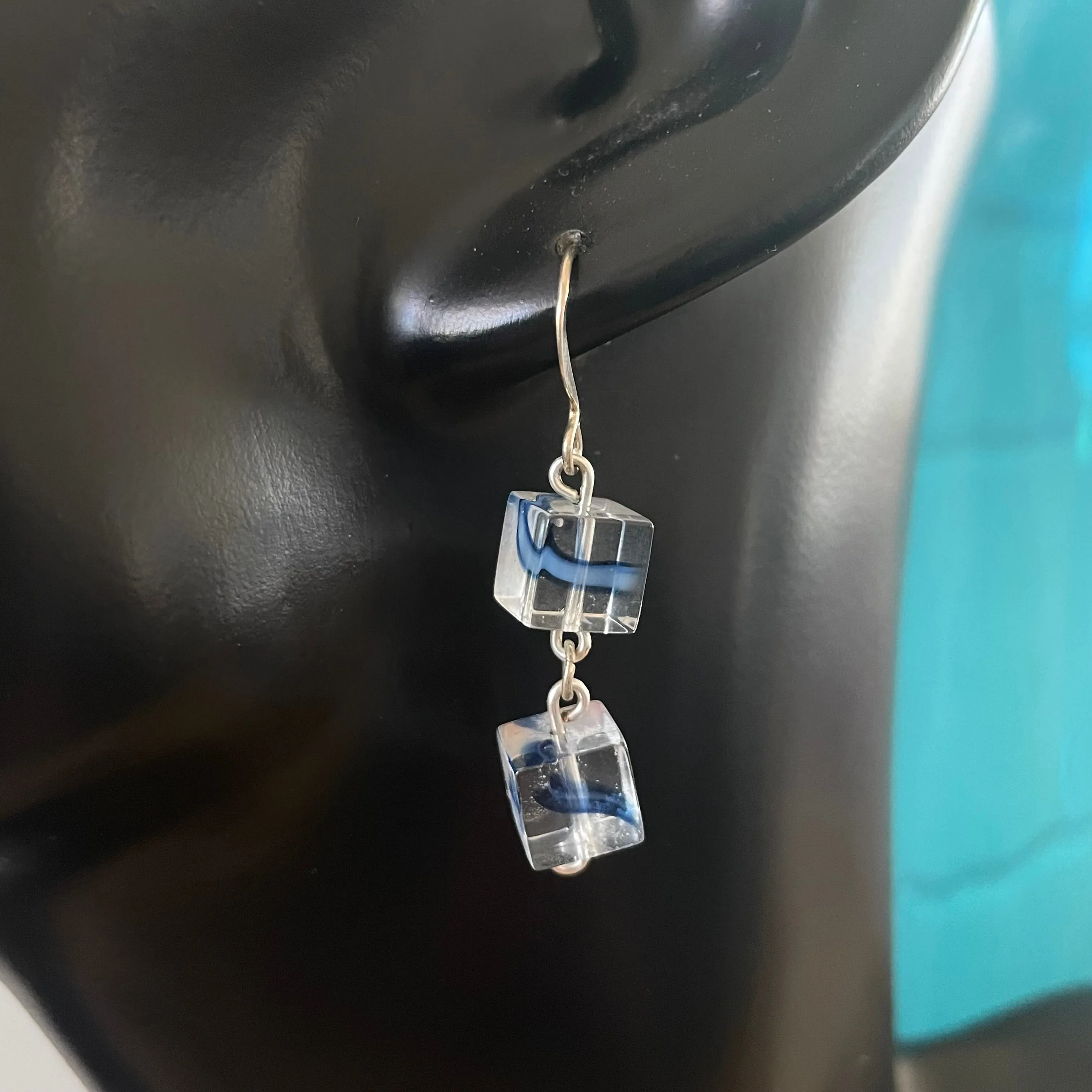 Handmade Blue Swirl & Clear Glass Dangle Earrings 1.5" Geometric Square Bead Casual Wear Fun Women Jewelry Gift Fashion Accessories