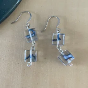 Handmade Blue Swirl & Clear Glass Dangle Earrings 1.5" Geometric Square Bead Casual Wear Fun Women Jewelry Gift Fashion Accessories