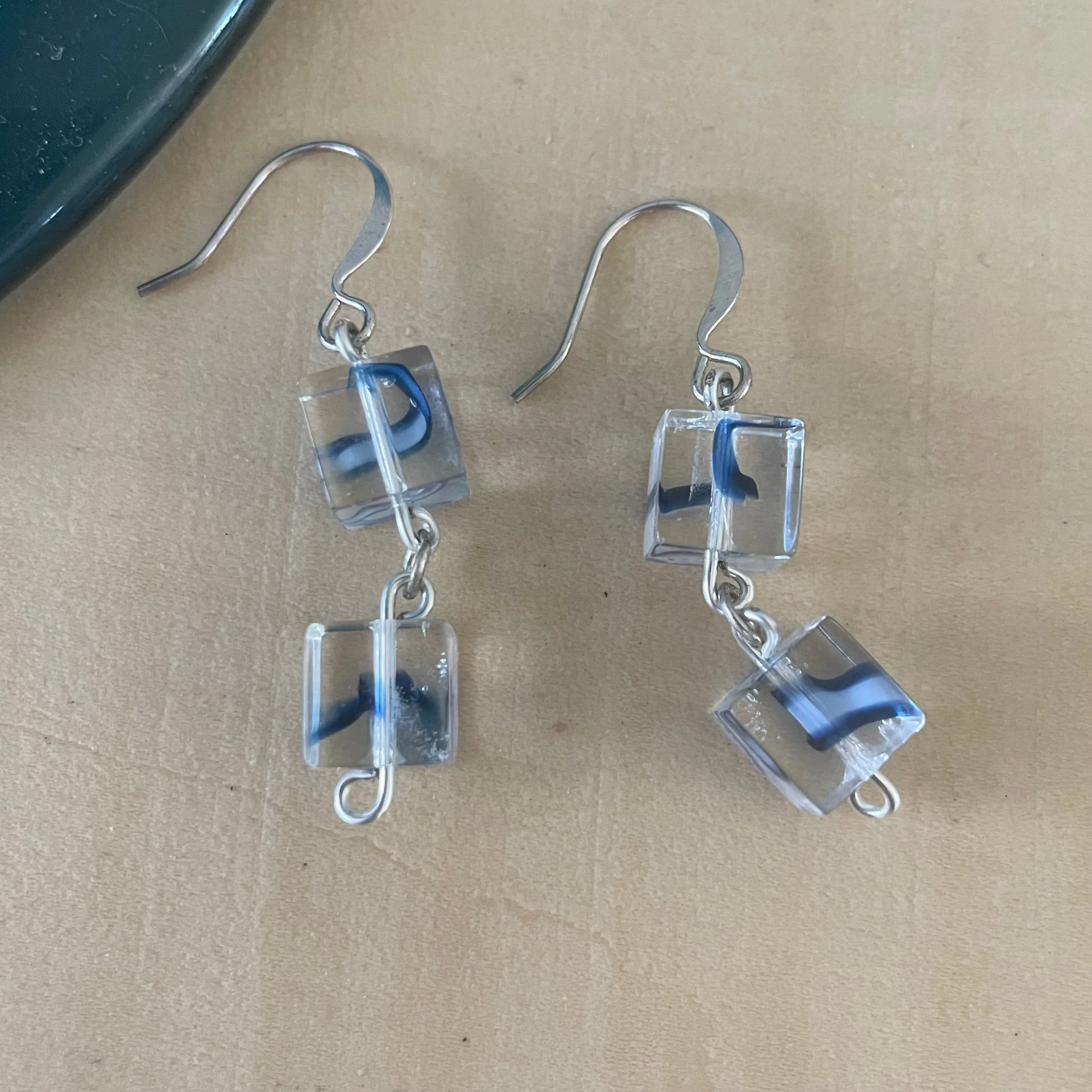 Handmade Blue Swirl & Clear Glass Dangle Earrings 1.5" Geometric Square Bead Casual Wear Fun Women Jewelry Gift Fashion Accessories
