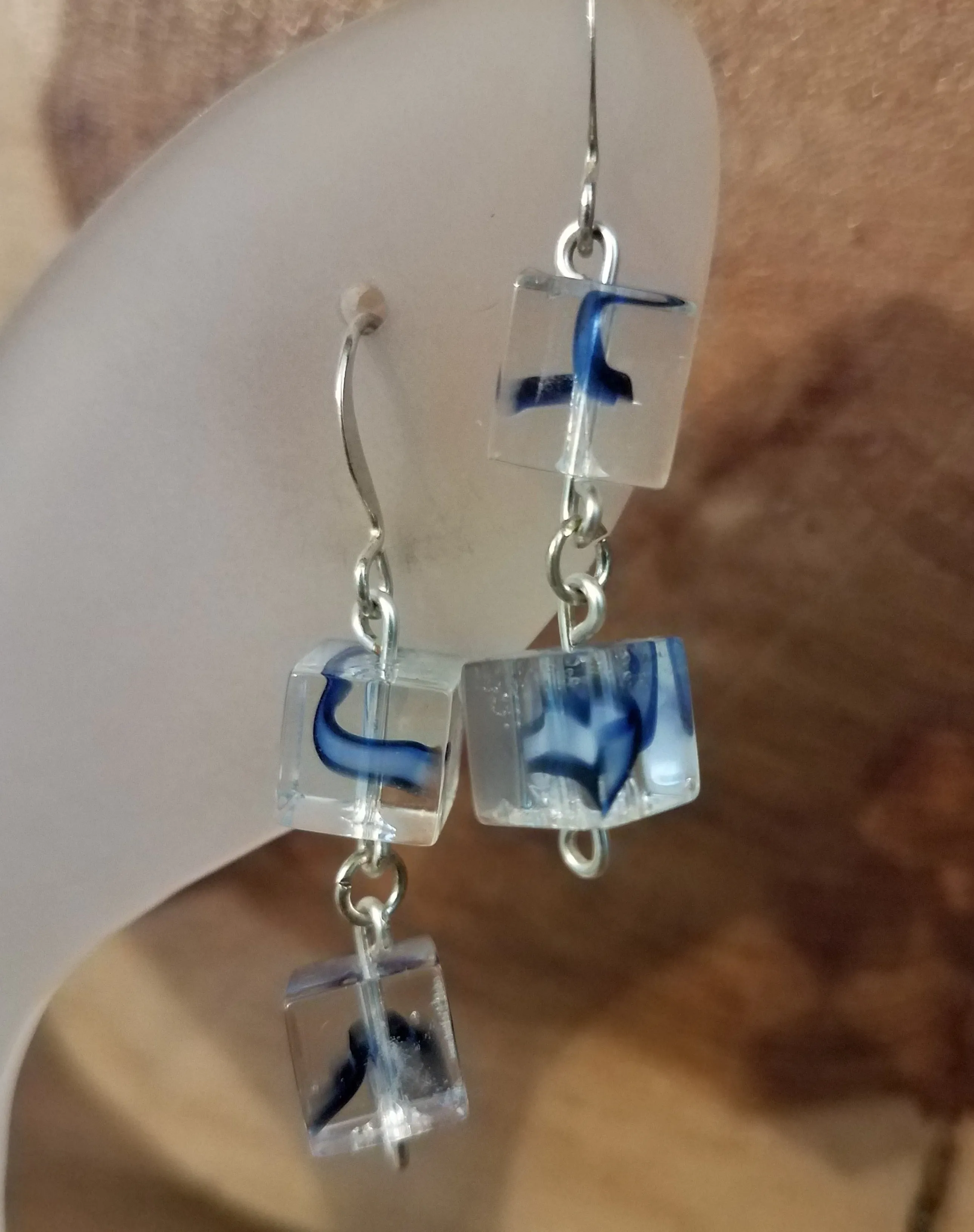 Handmade Blue Swirl & Clear Glass Dangle Earrings 1.5" Geometric Square Bead Casual Wear Fun Women Jewelry Gift Fashion Accessories