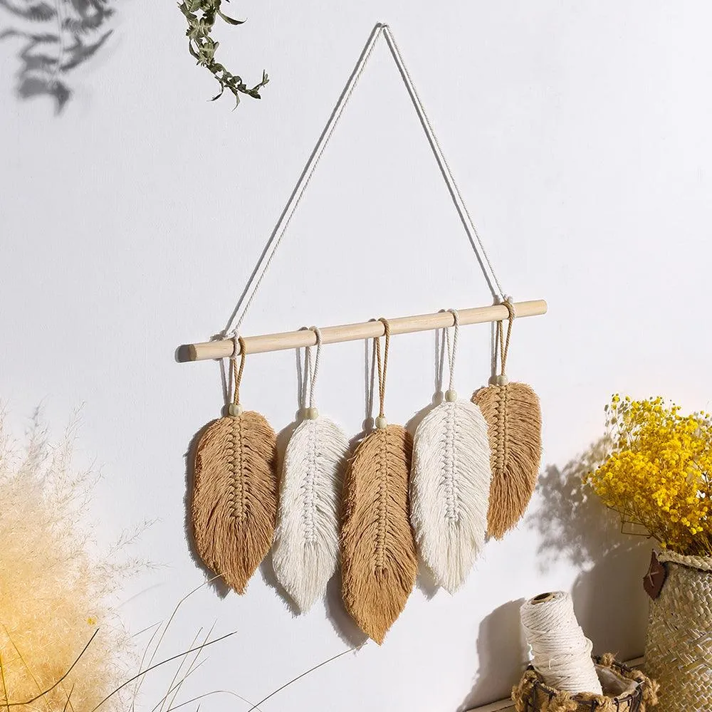 Handmade Boho Leaf Feather Macrame Wall Hanging