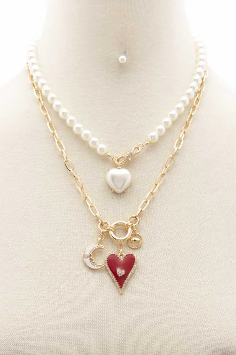 Heart Moon Charm Pearl Layered Necklace