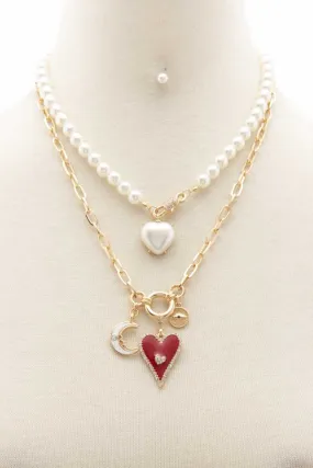 Heart Moon Charm Pearl Layered Necklace
