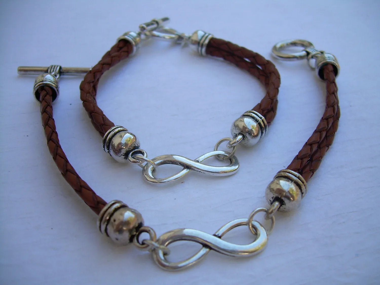 His and Hers Set of  Infinity Bracelets, Leather Bracelet, Mens, Womens, Saddle Braided, Infinity, Mens Bracelet, Womens Bracelet