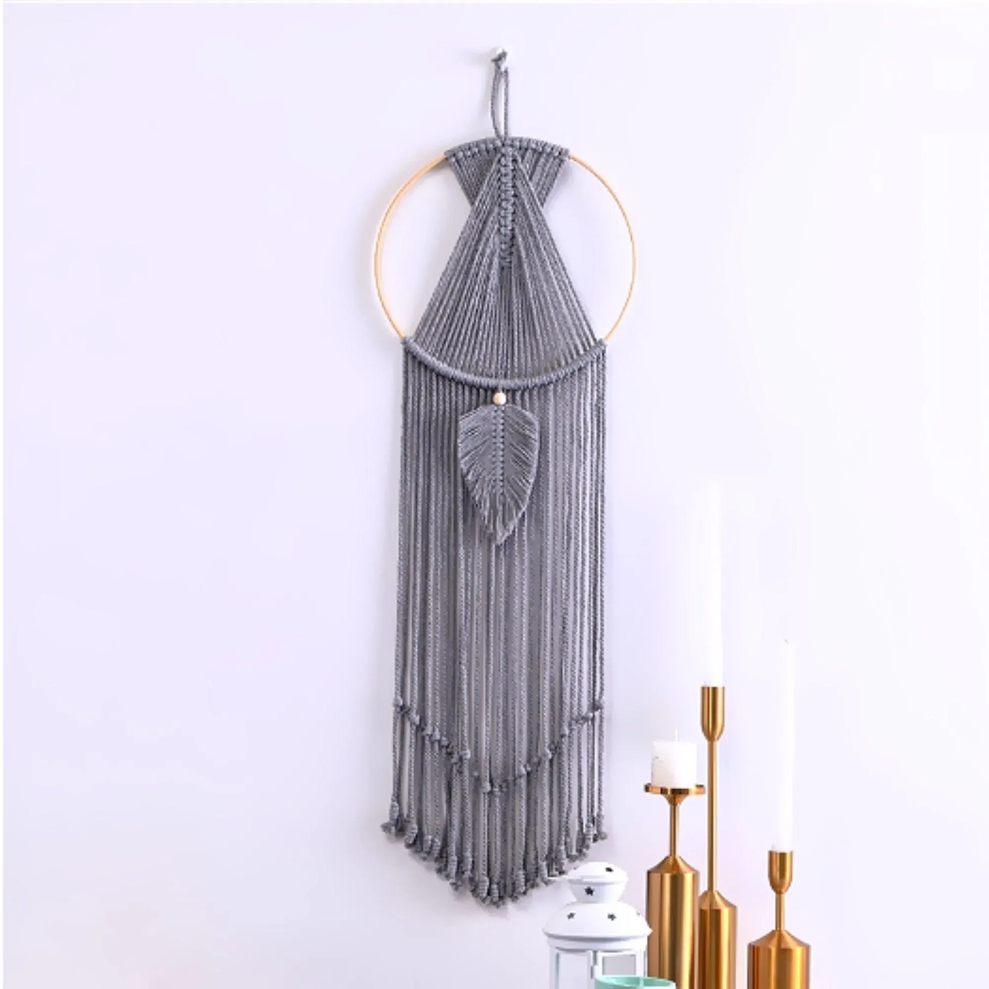Macrame Dream Catcher Wall Hanging with Tassels - Grey