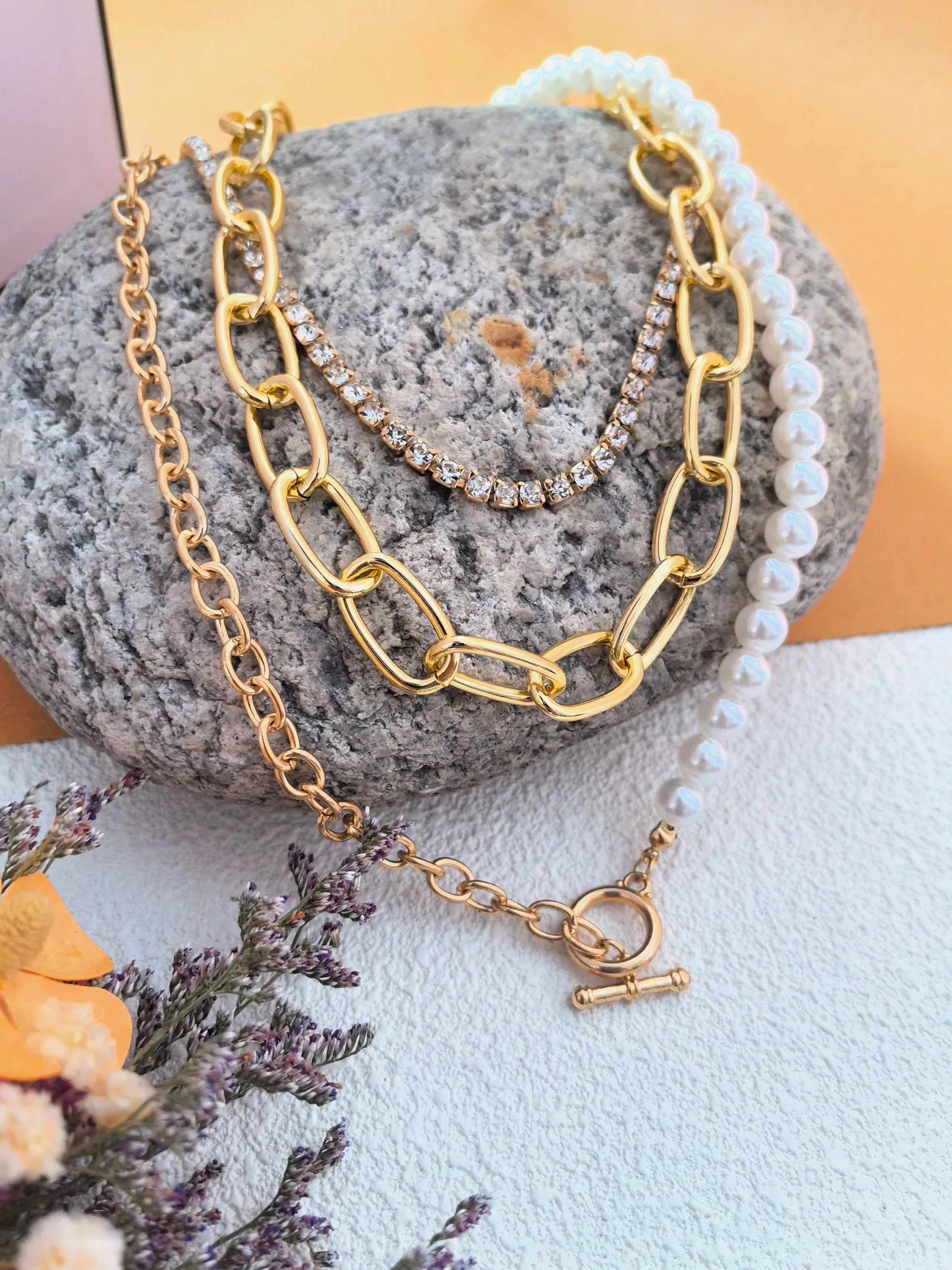 Multistrand Layered Chain Imitation Pearl Rhinestone Necklace Set