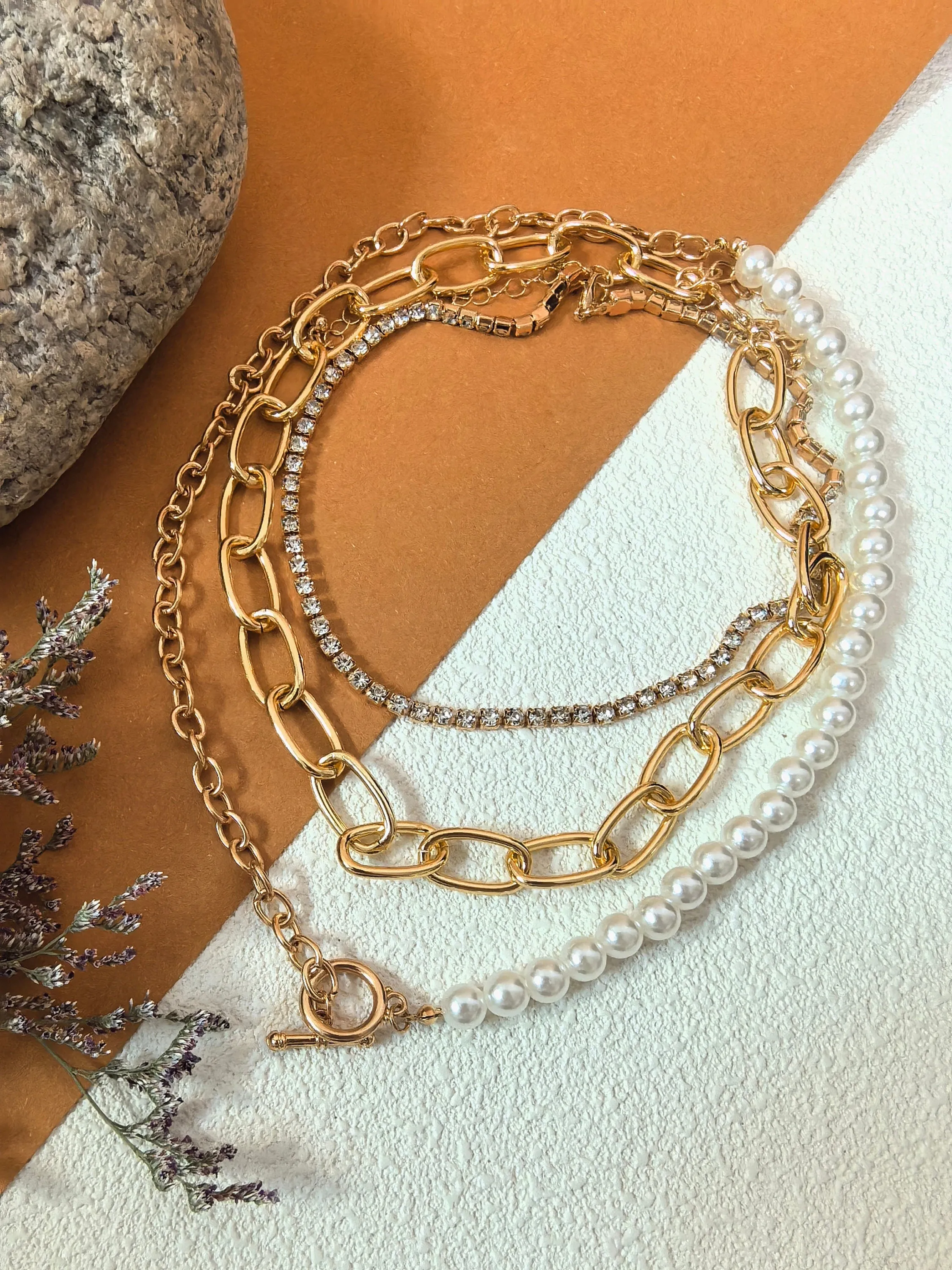 Multistrand Layered Chain Imitation Pearl Rhinestone Necklace Set