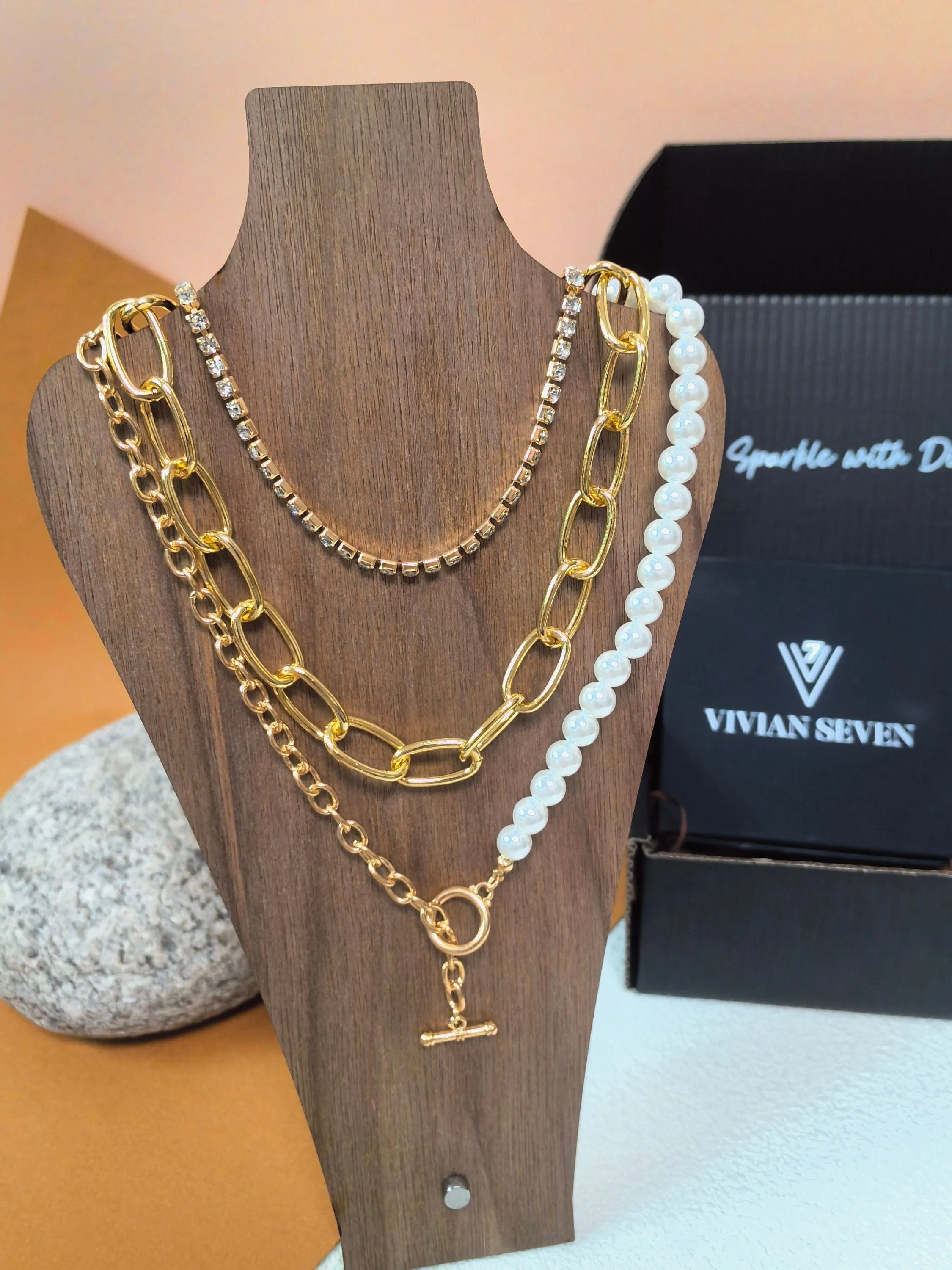 Multistrand Layered Chain Imitation Pearl Rhinestone Necklace Set