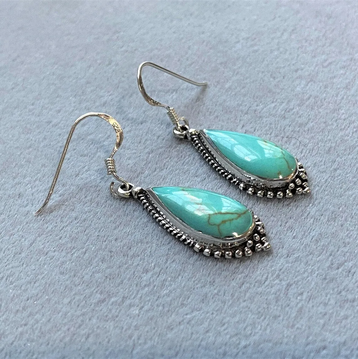 Native American Teardrop Cut Turquoise Southwestern Style Earrings - 925 Sterling Silver Earrings
