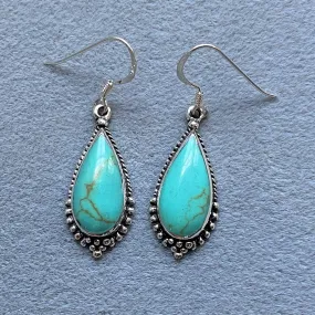 Native American Teardrop Cut Turquoise Southwestern Style Earrings - 925 Sterling Silver Earrings