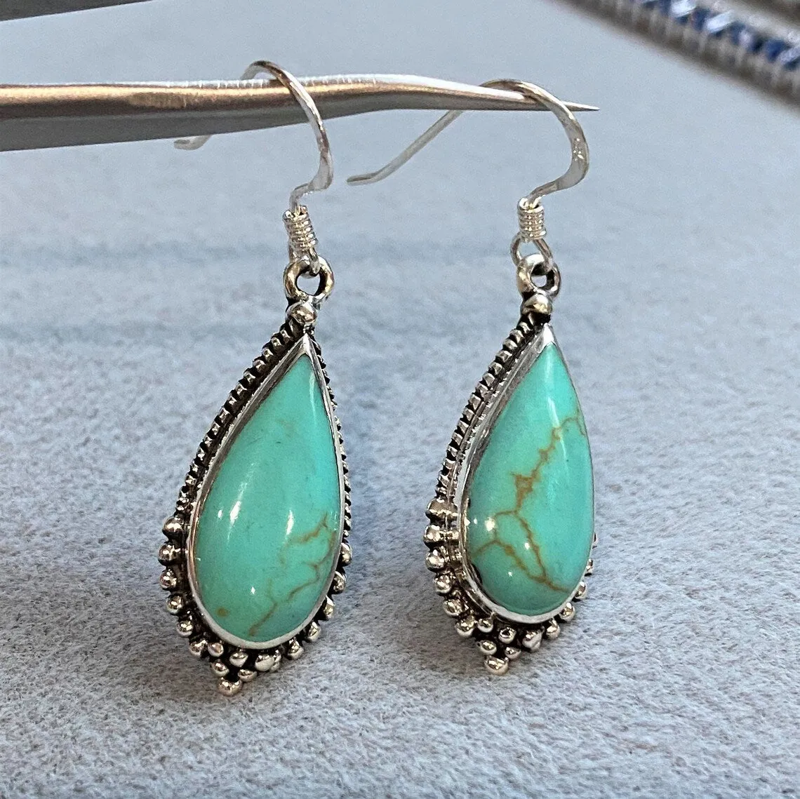 Native American Teardrop Cut Turquoise Southwestern Style Earrings - 925 Sterling Silver Earrings