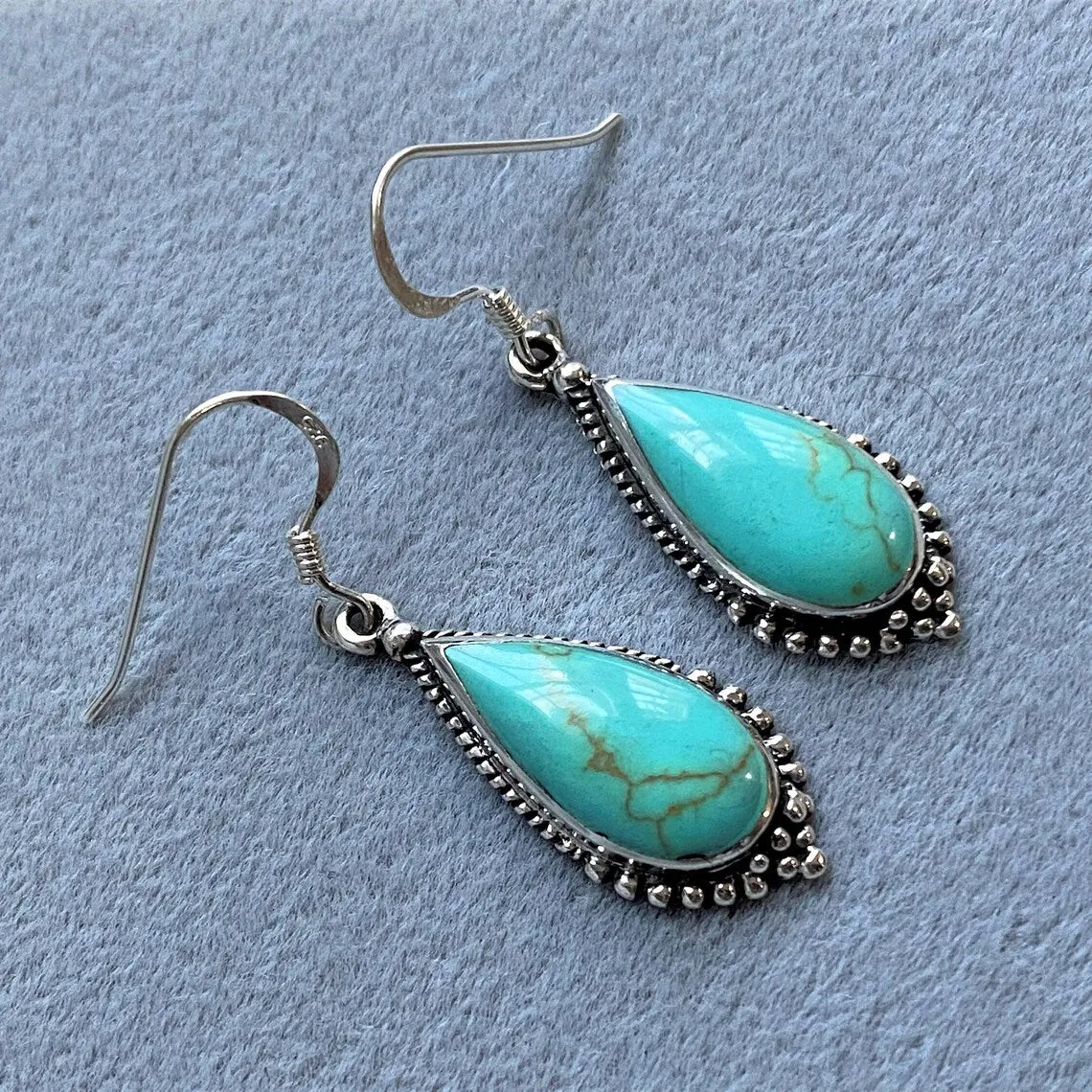Native American Teardrop Cut Turquoise Southwestern Style Earrings - 925 Sterling Silver Earrings