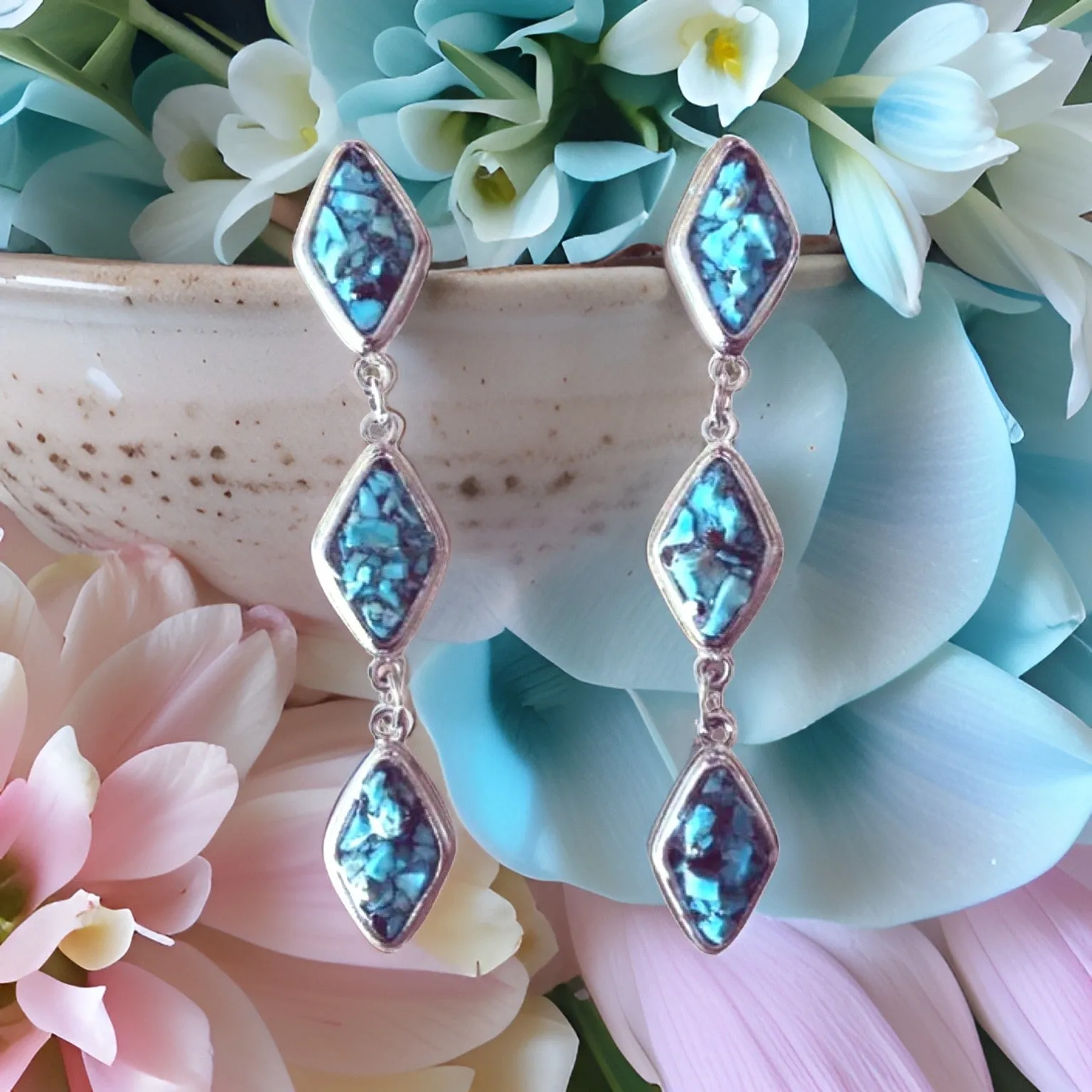 Natural Turquoise and Silver Tier Drop Earrings by The Urban Charm by The Urban Charm