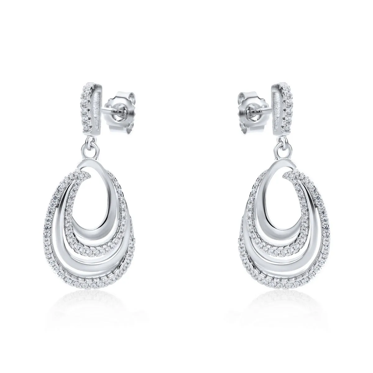partially stoneset cubic zirconia teardrop drop earrings in sterling silver.