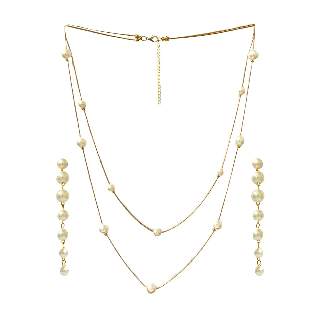 Pearl Charms Gold-Toned Double Layered Necklace & Pearl Drop Earrings