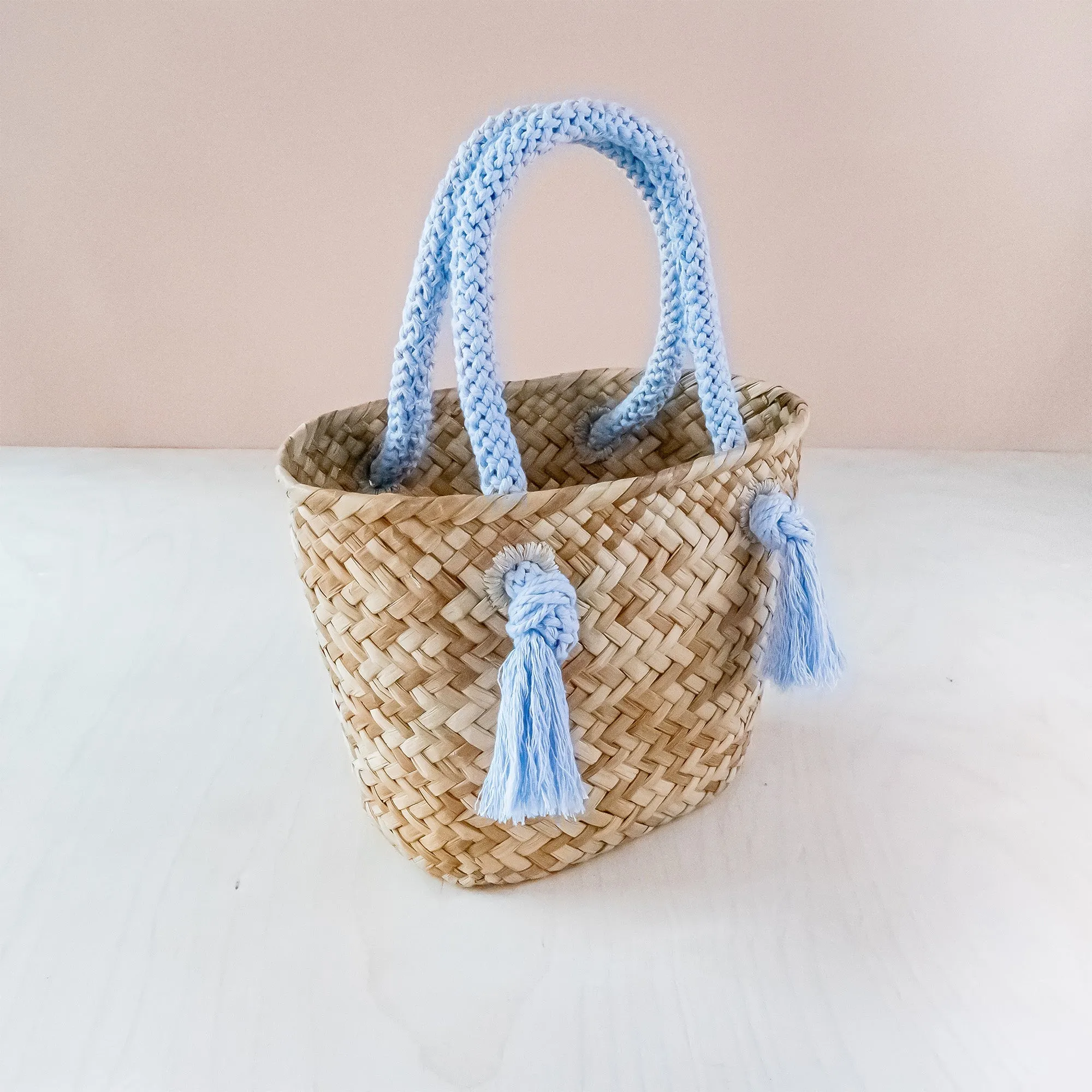 Powder Blue Small Seagrass Tote Bag with Wrapped Handles - Market Tote | LIKHÂ