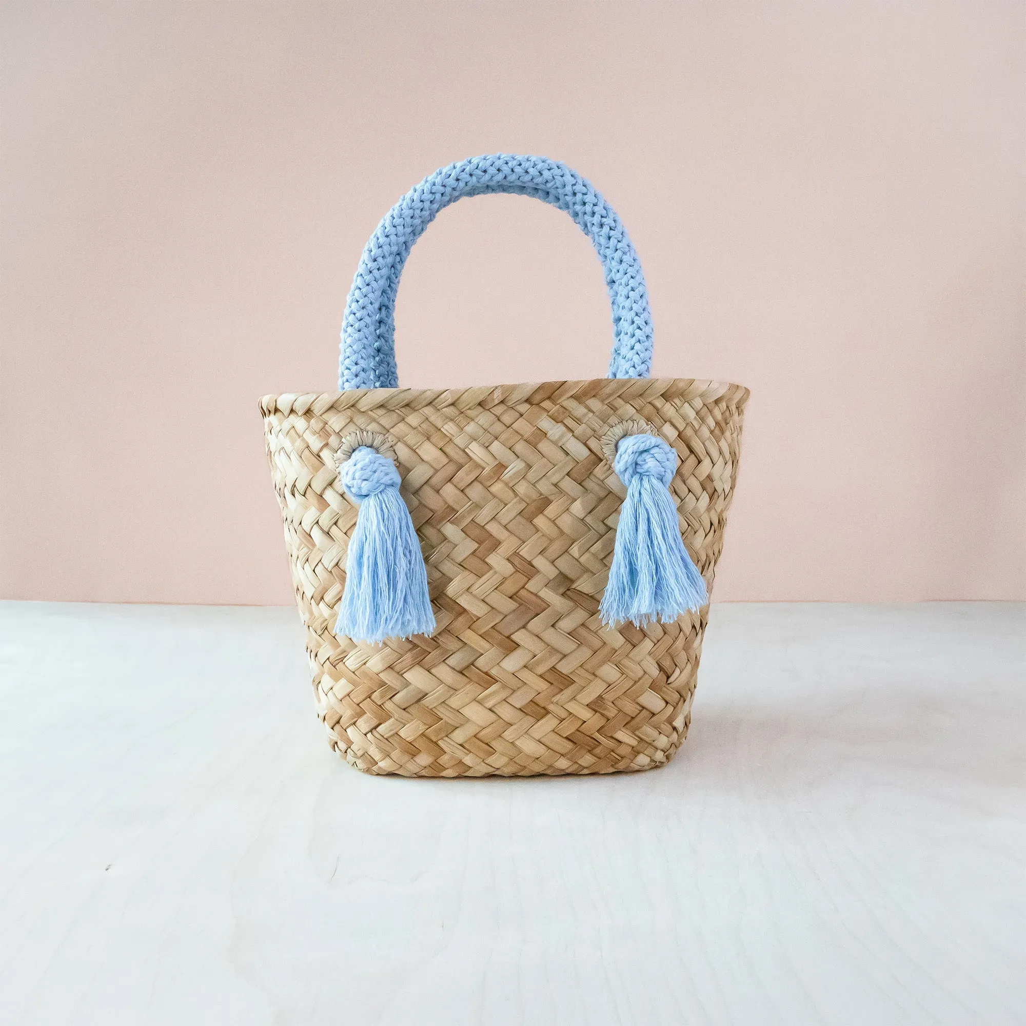 Powder Blue Small Seagrass Tote Bag with Wrapped Handles - Market Tote | LIKHÂ