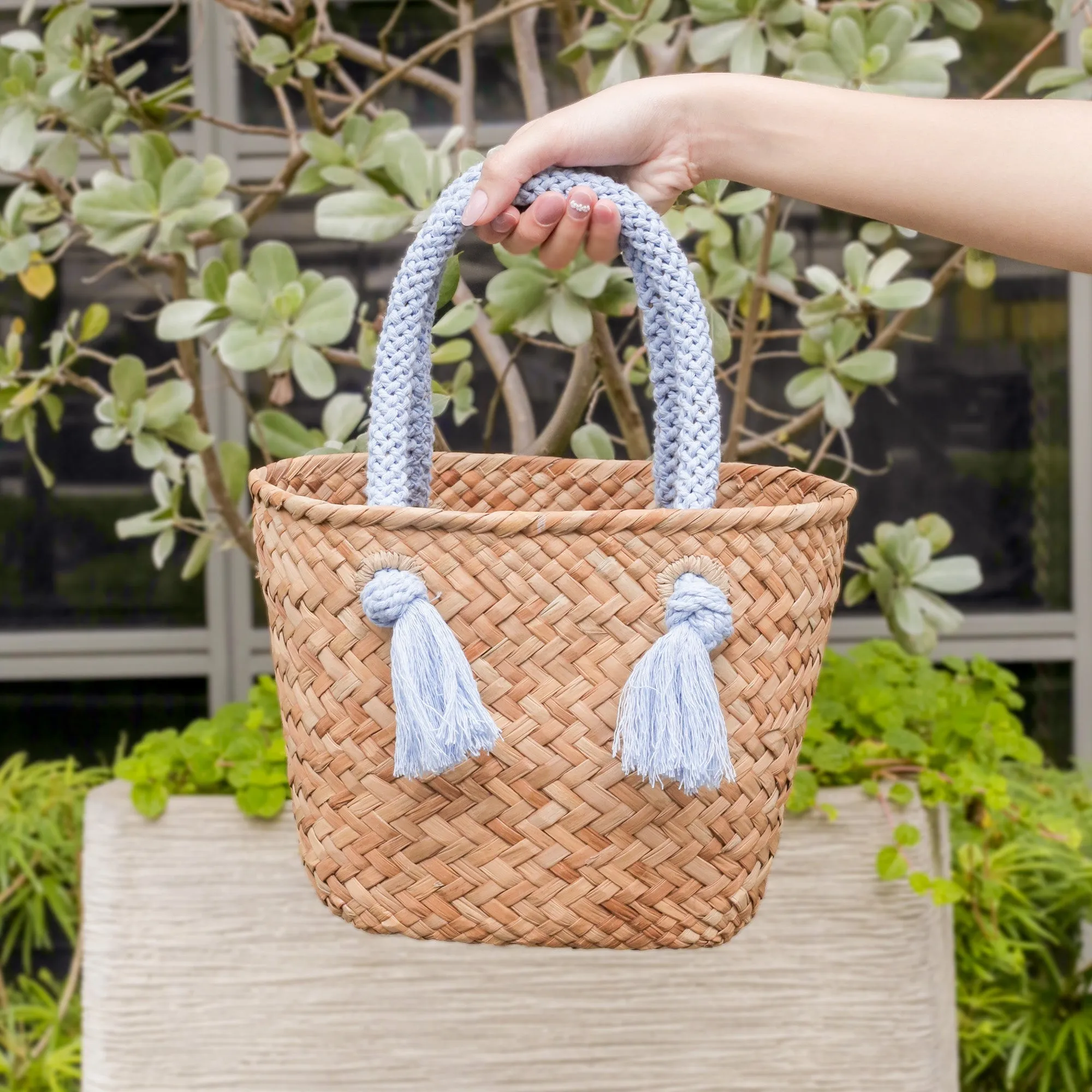 Powder Blue Small Seagrass Tote Bag with Wrapped Handles - Market Tote | LIKHÂ