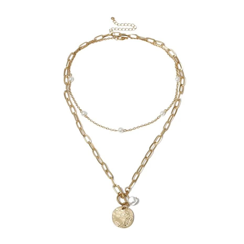 Punk Multi Layered Pearl Choker Necklace Mary Coin Crystal Pendant Necklace