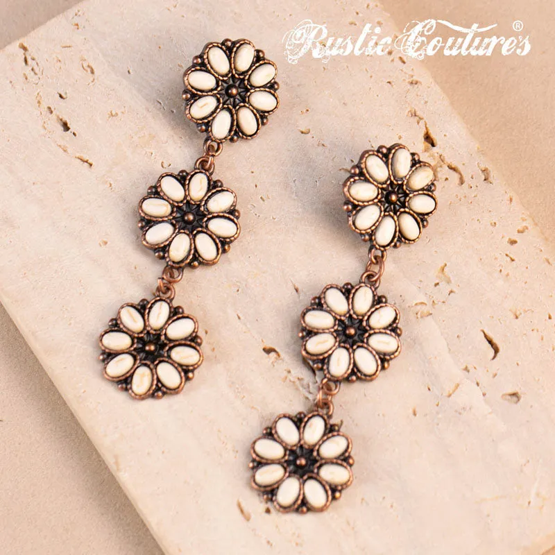 REC-1131 Rustic Couture's®  Bohemian Natural Stone Floral Drop Earrings