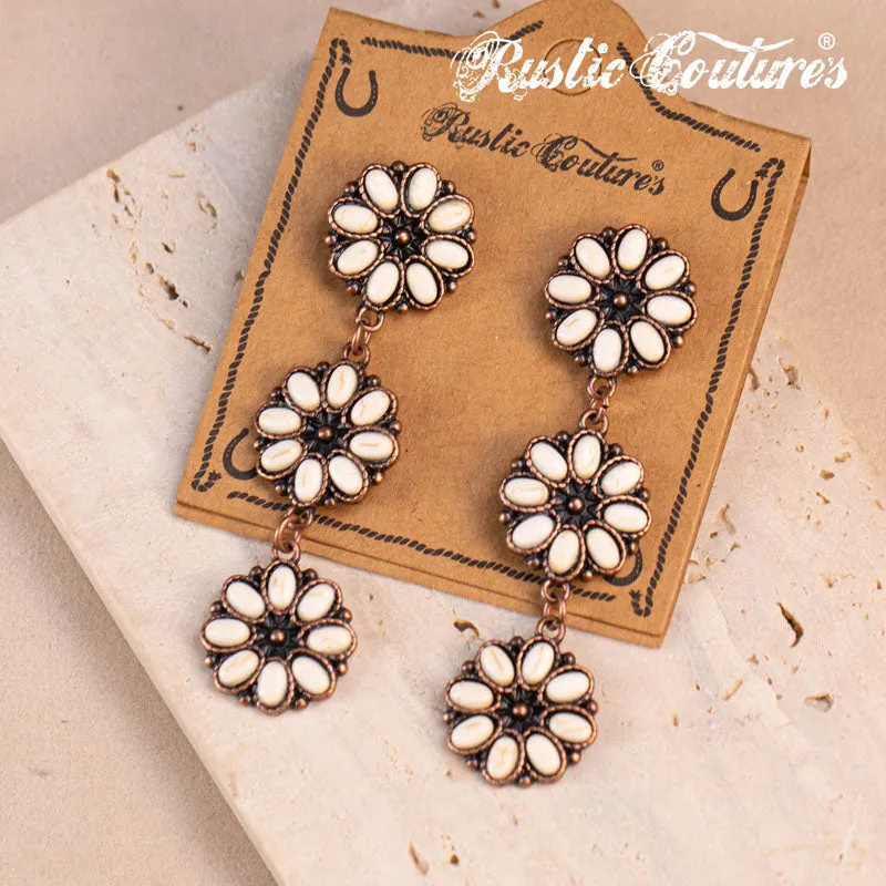 REC-1131 Rustic Couture's®  Bohemian Natural Stone Floral Drop Earrings