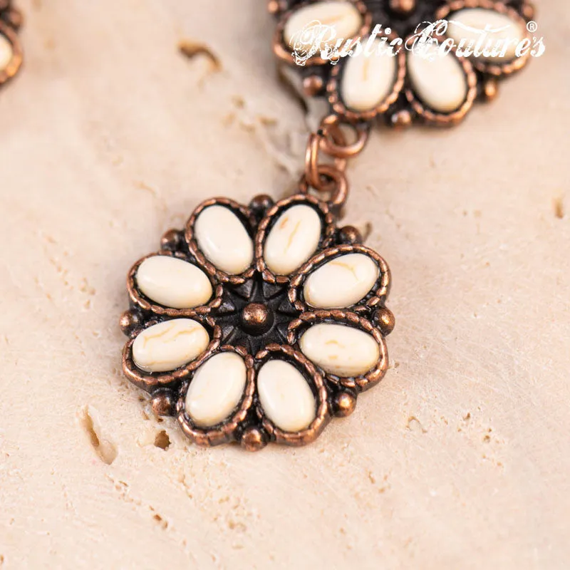 REC-1131 Rustic Couture's®  Bohemian Natural Stone Floral Drop Earrings