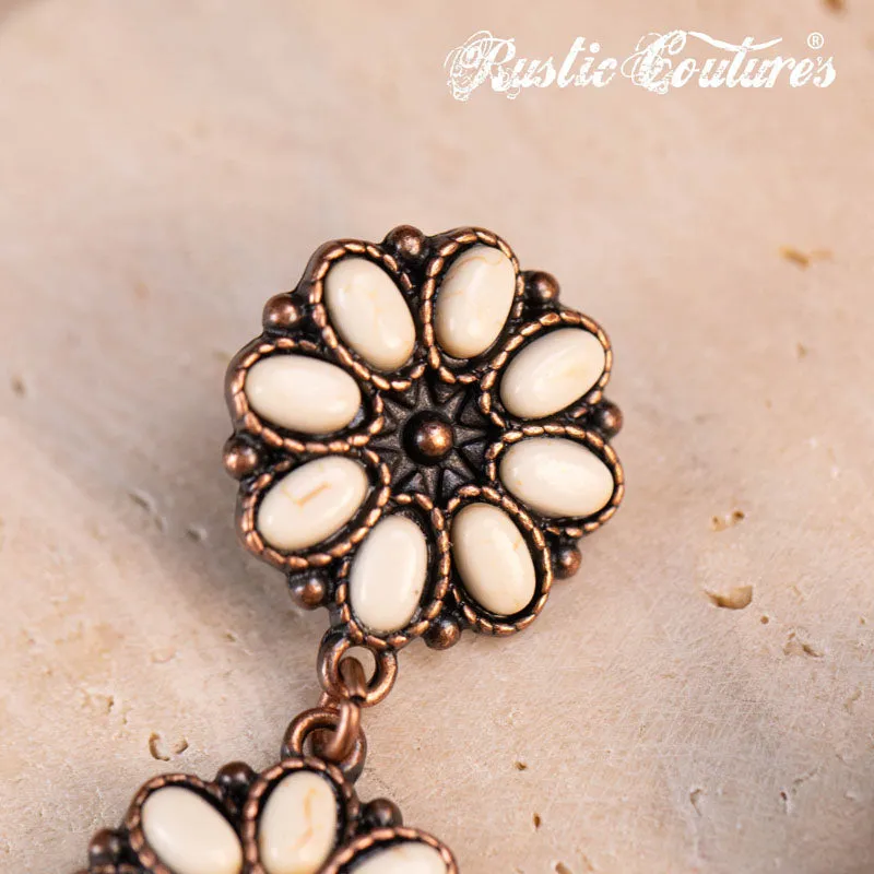 REC-1131 Rustic Couture's®  Bohemian Natural Stone Floral Drop Earrings