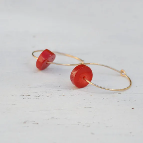 Red Coral Hoop Earrings 14k Gold Filled