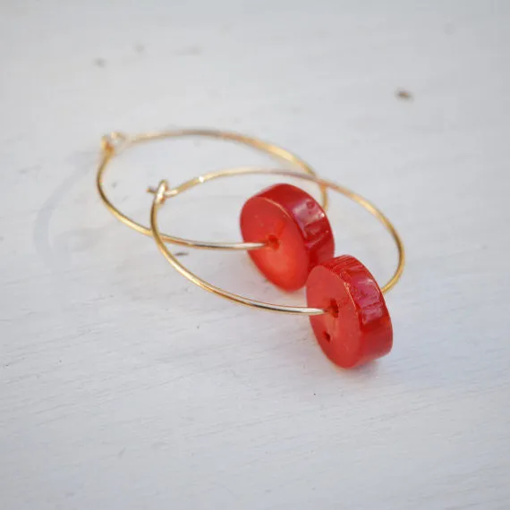 Red Coral Hoop Earrings 14k Gold Filled