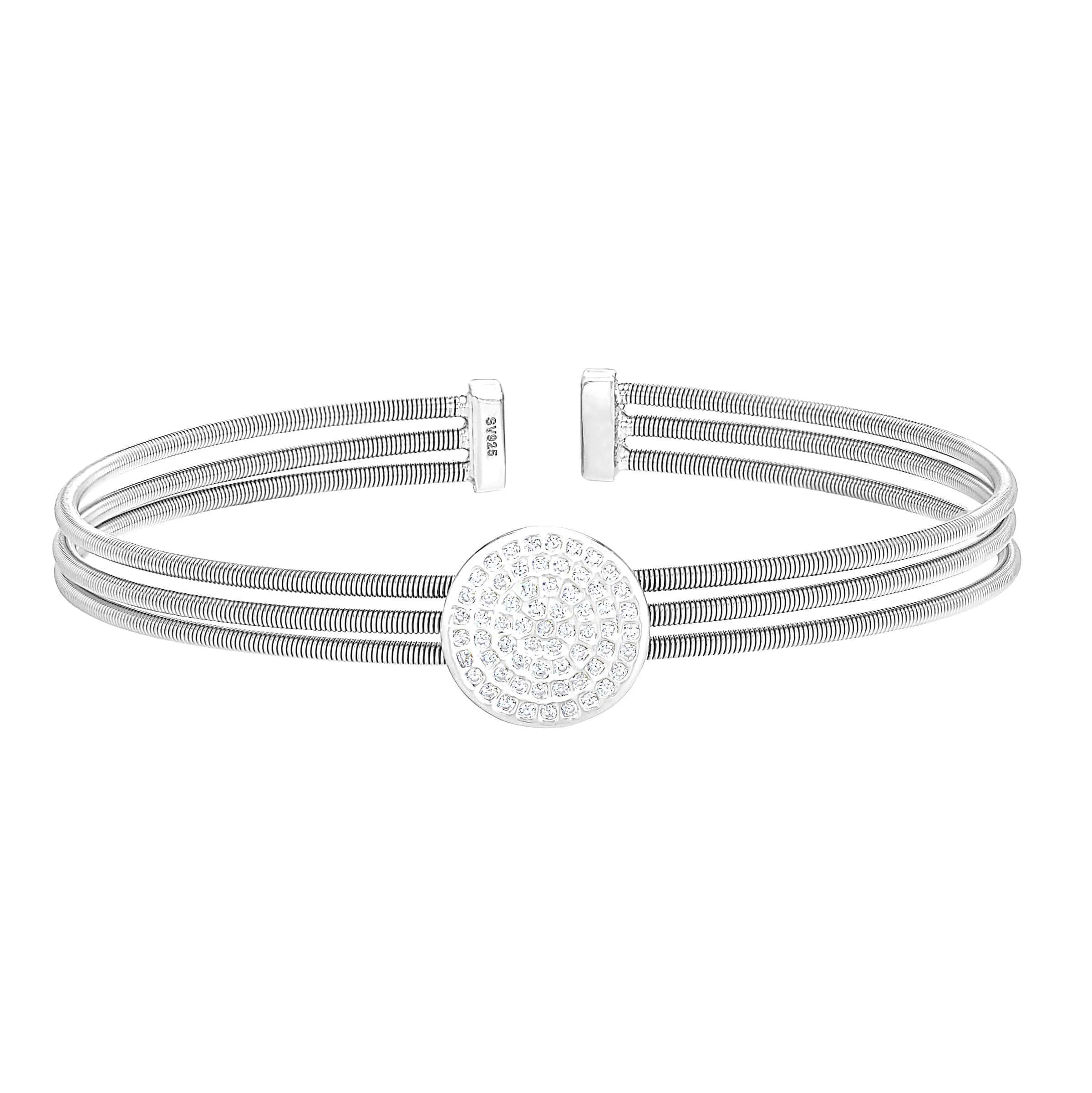 Rhodium Finish Sterling Silver Three Cable Cuff One Circle Bracelet - LL7087B-RH