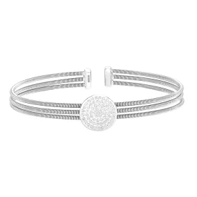 Rhodium Finish Sterling Silver Three Cable Cuff One Circle Bracelet - LL7087B-RH