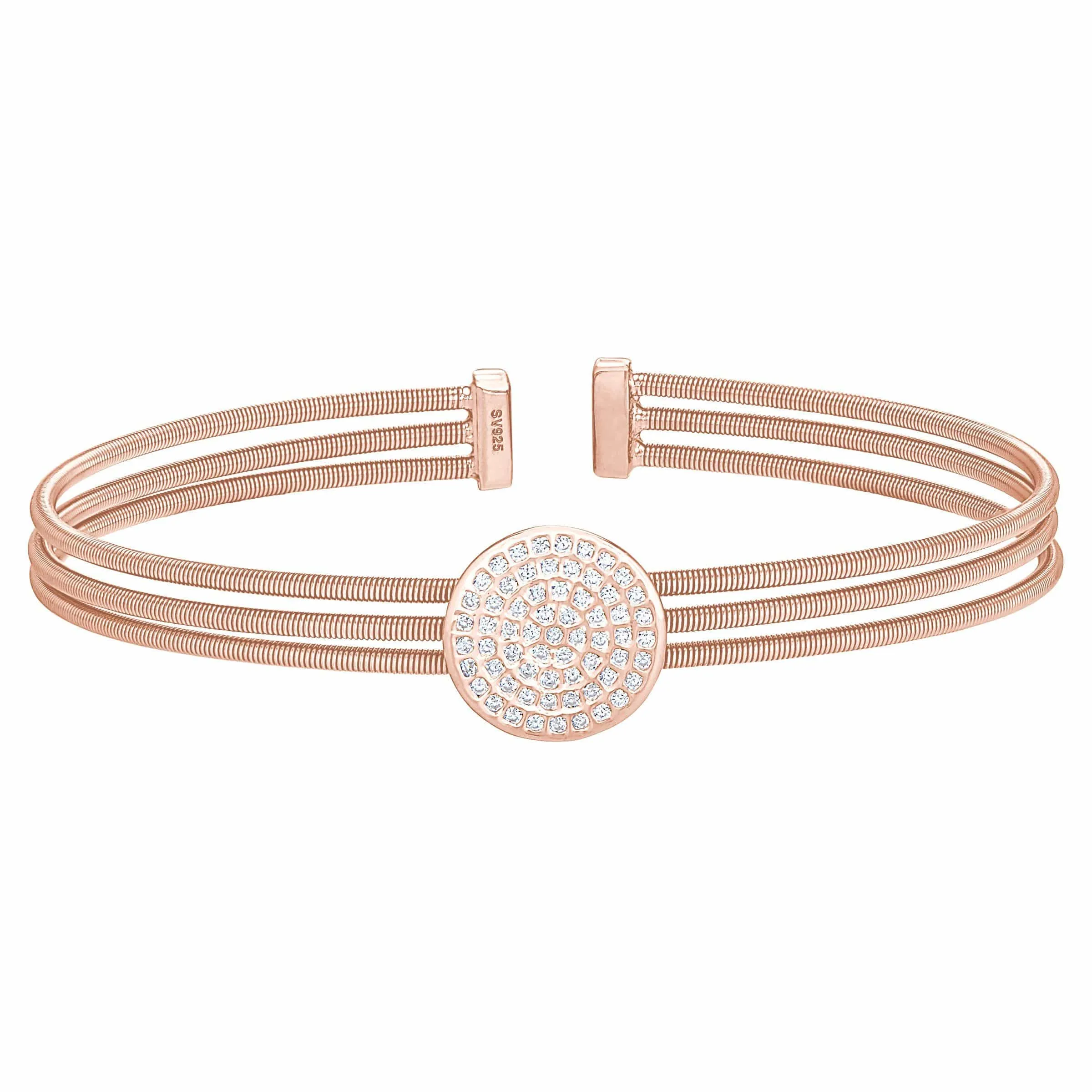 Rose Gold Finish Sterling Silver Three Cable Cuff One Circle Bracelet - LL7087B-RG