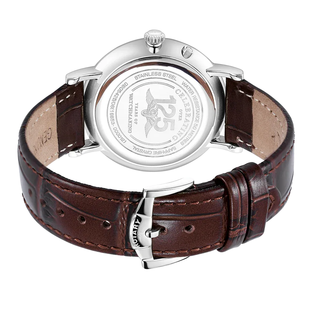 Rotary Gents Steel Moonphase Dress Brown Leather Watch