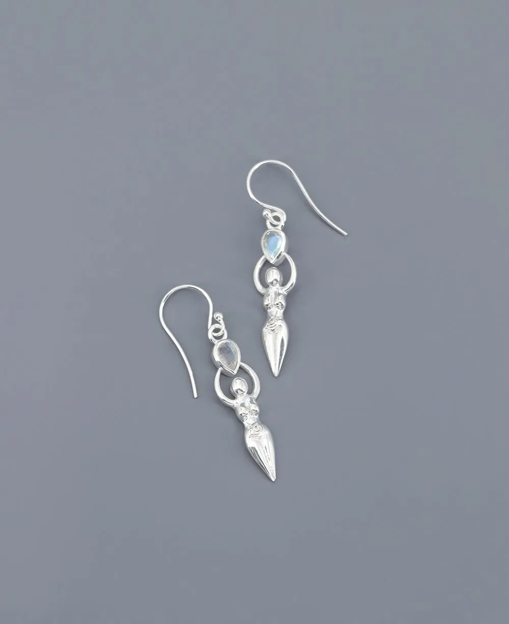 Sacred Feminine Goddess Earrings in Sterling Silver With Moonstone