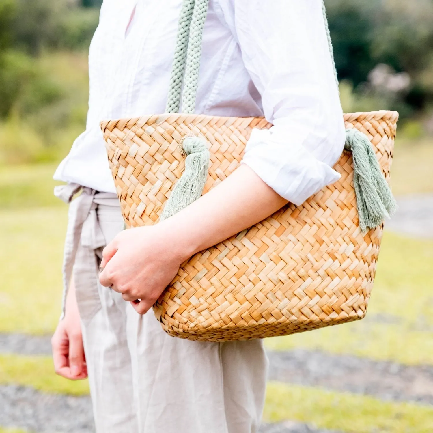 Sage Seagrass Tote Bag with Wrapped Handles - Market Tote | LIKHÂ