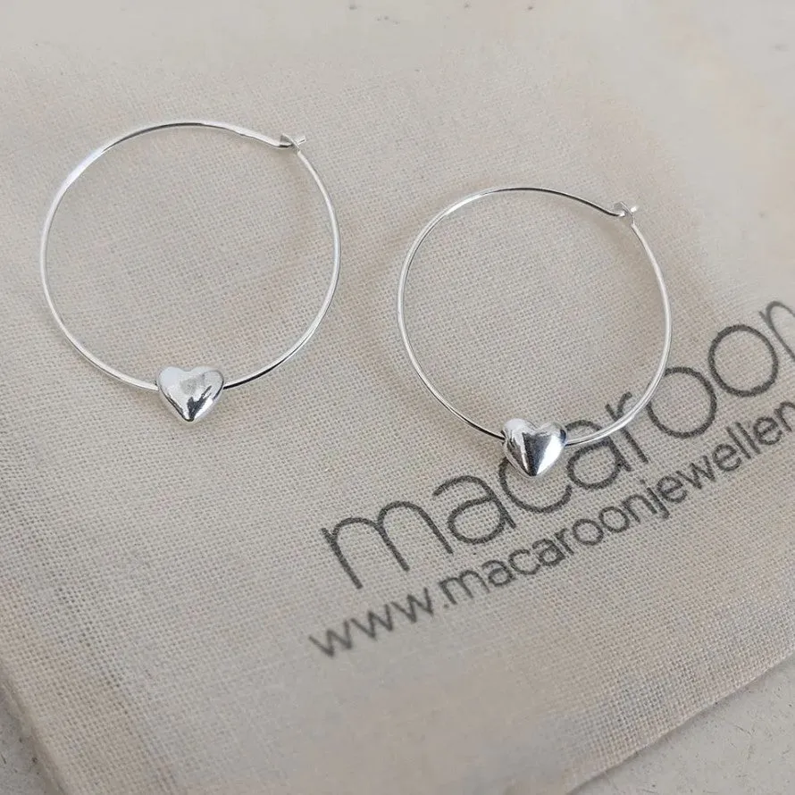 Sliding Heart Silver Hoop Earrings