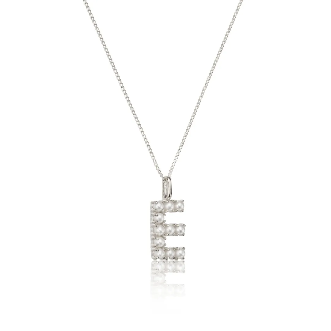 Solid White Gold Pearl Initial Letter Necklace