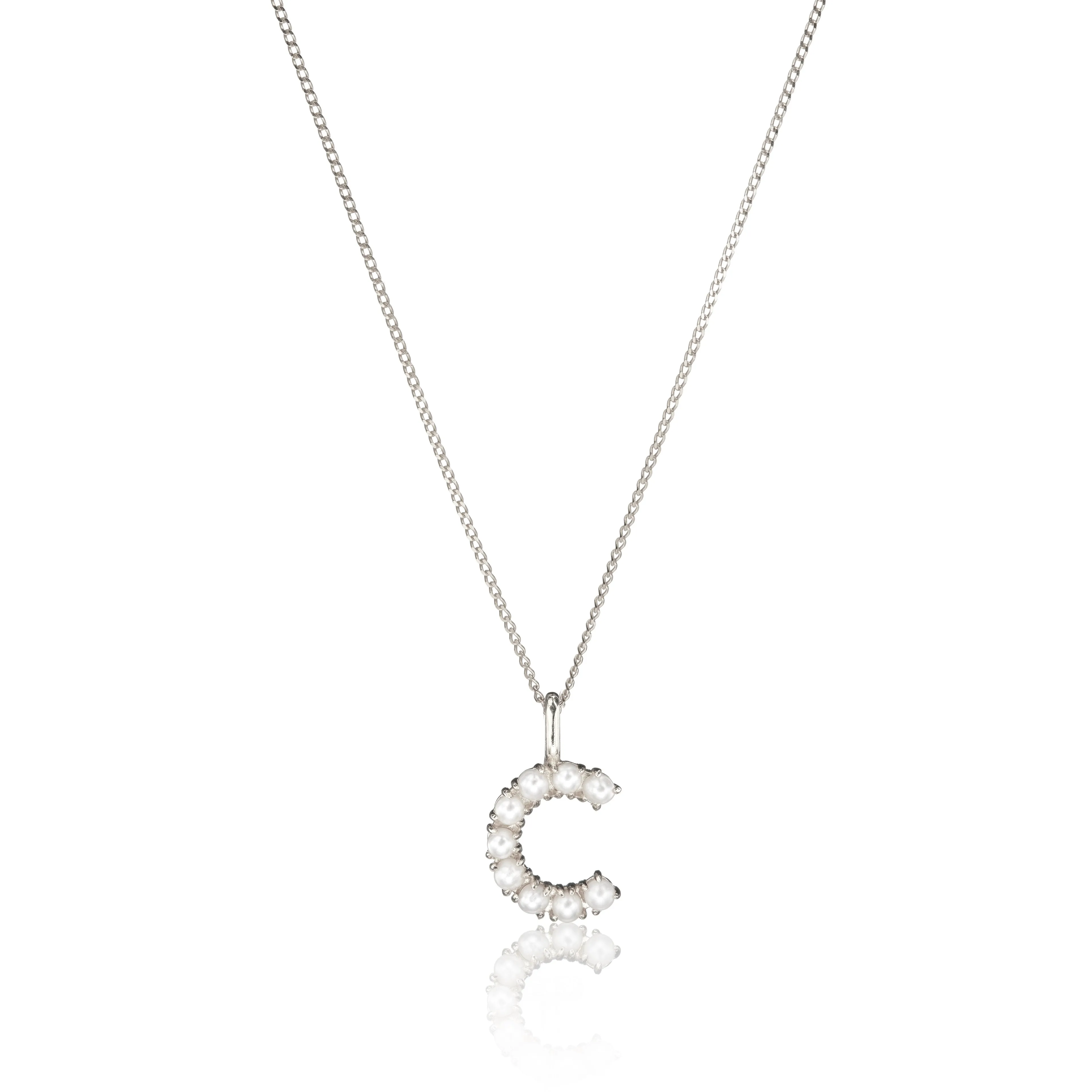 Solid White Gold Pearl Initial Letter Necklace
