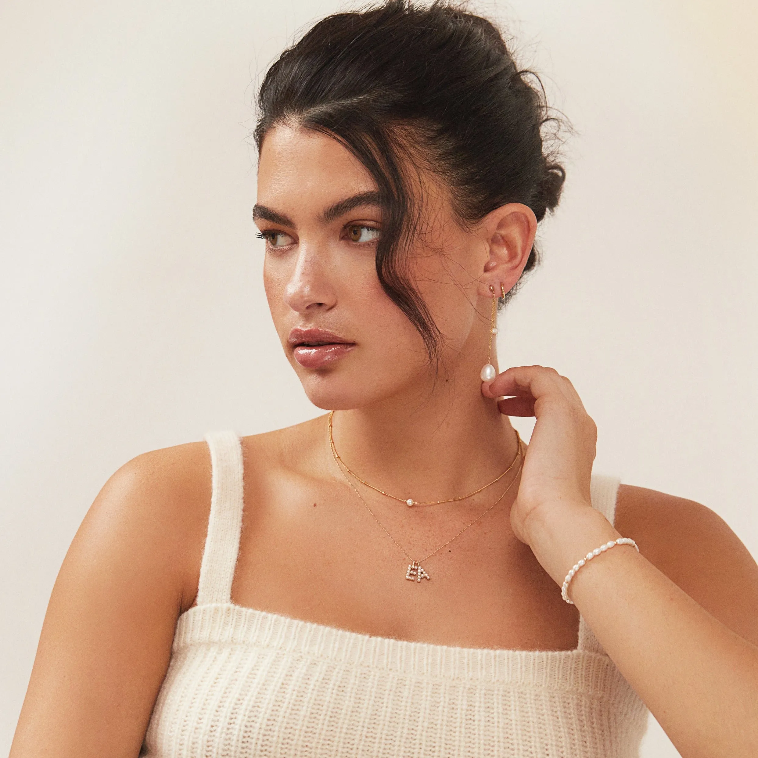 Solid White Gold Pearl Initial Letter Necklace