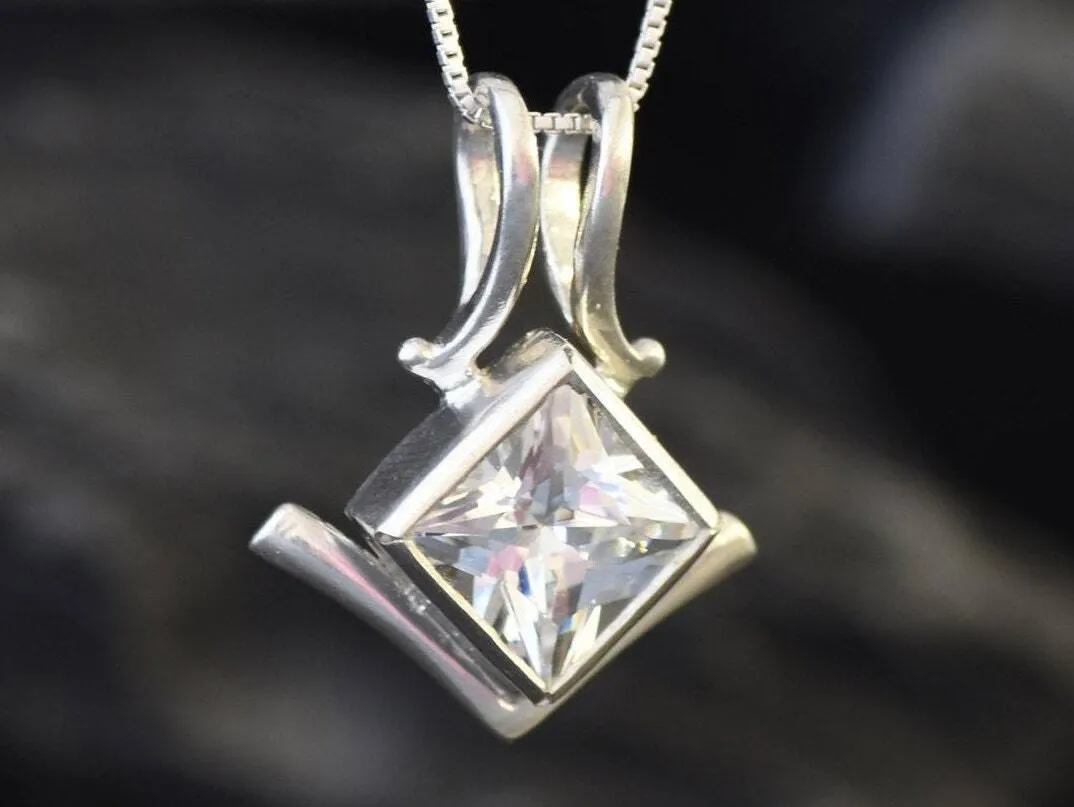 Square Diamond Necklace - Created CZ Diamond Pendant - Asymmetric Silver Necklace