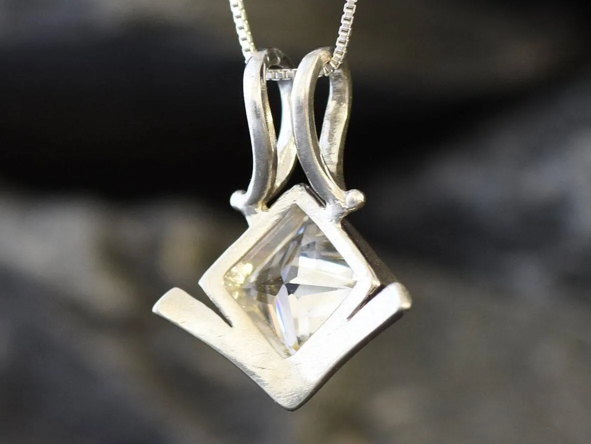 Square Diamond Necklace - Created CZ Diamond Pendant - Asymmetric Silver Necklace