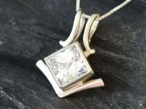 Square Diamond Necklace - Created CZ Diamond Pendant - Asymmetric Silver Necklace