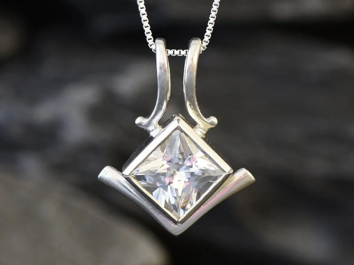 Square Diamond Necklace - Created CZ Diamond Pendant - Asymmetric Silver Necklace