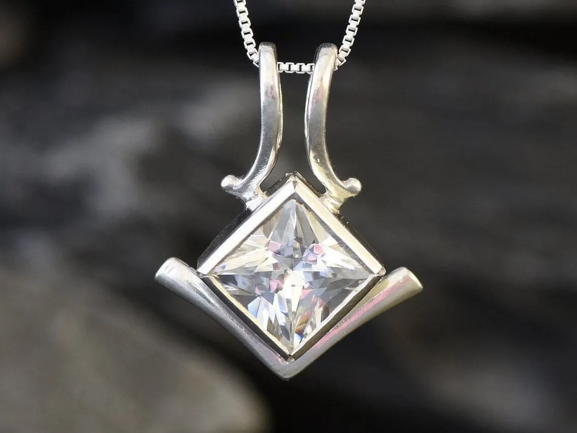 Square Diamond Necklace - Created CZ Diamond Pendant - Asymmetric Silver Necklace